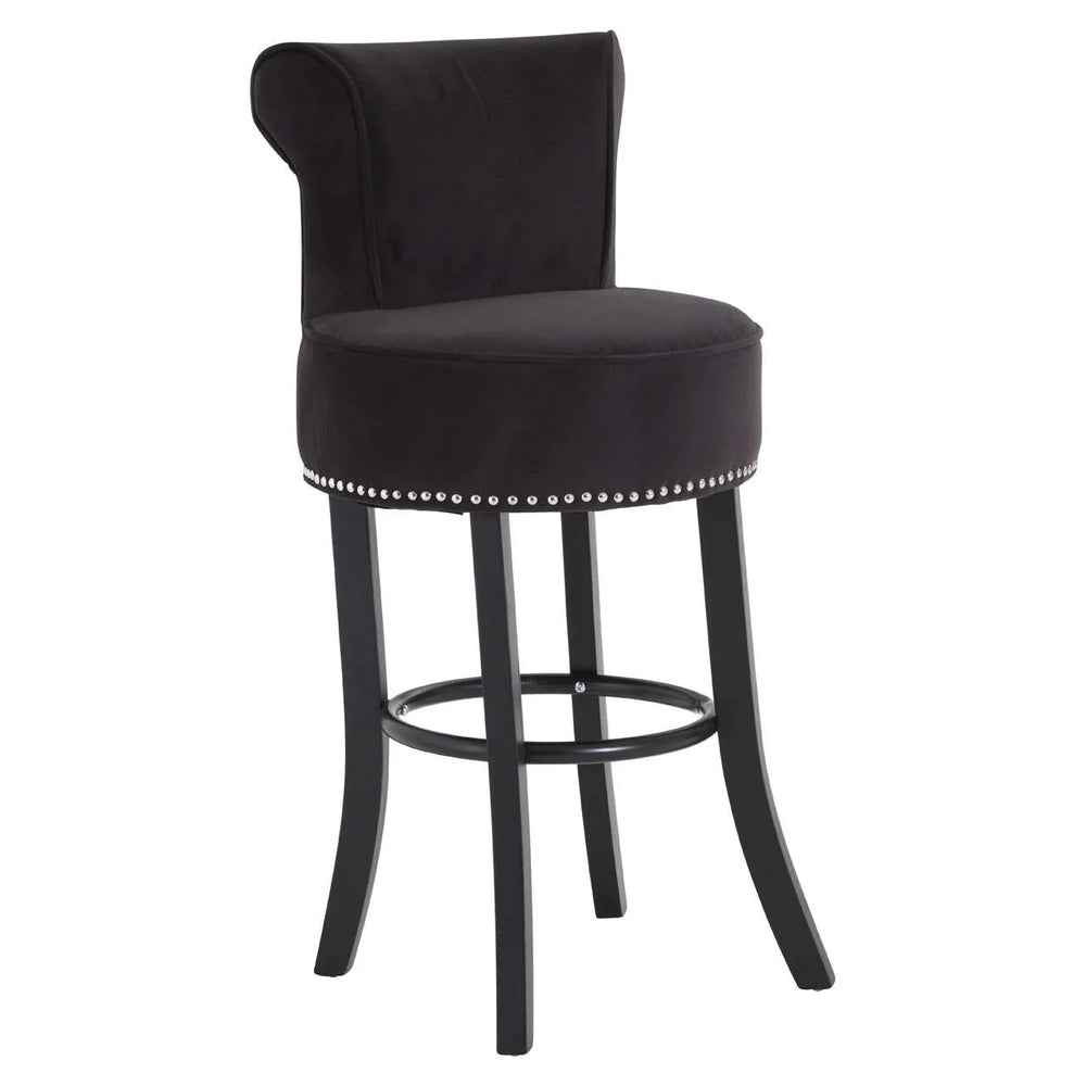 Black velvet bar stool with round seat, silver stud trim and curved backrest