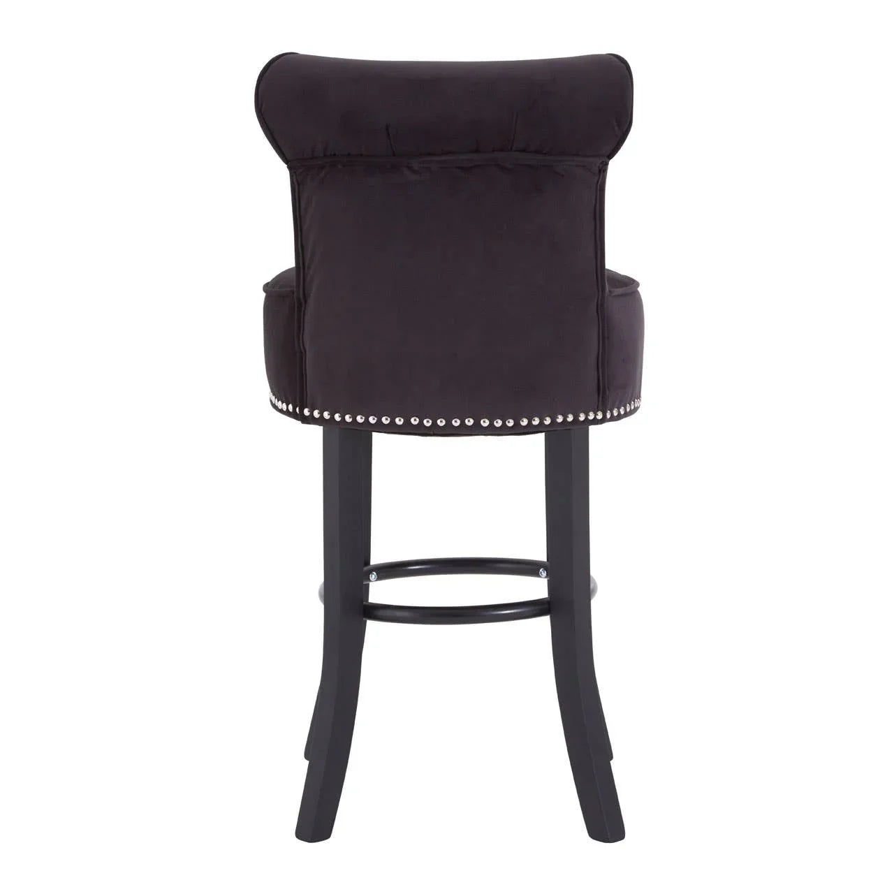 Black velvet bar stool with studded trim and dark wooden legs, rear view