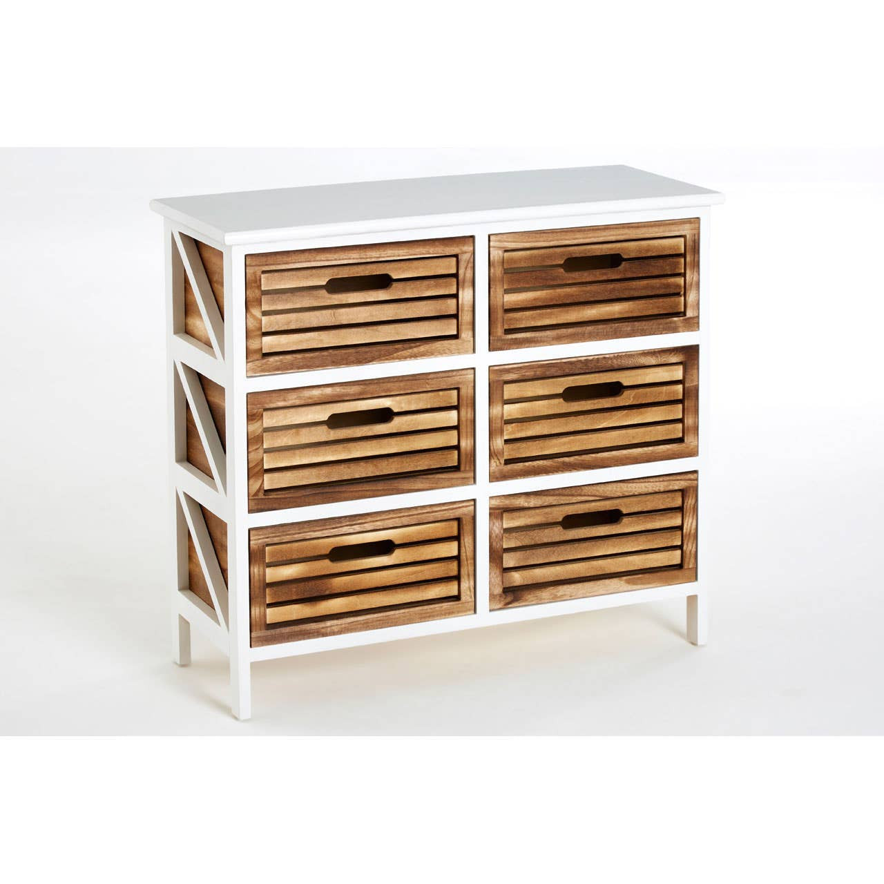 A white wooden unit with six woven wicker drawers, featuring a smooth top surface and a modern design. The drawers have cut-out handles and are arranged in two rows of three