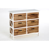 A white wooden unit with six woven wicker drawers, featuring a smooth top surface and a modern design. The drawers have cut-out handles and are arranged in two rows of three
