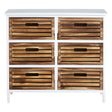 A white furniture unit featuring six wooden drawers with a slatted design, showcasing a natural wood finish. The unit has a clean, modern aesthetic with simple handles and stands on four legs
