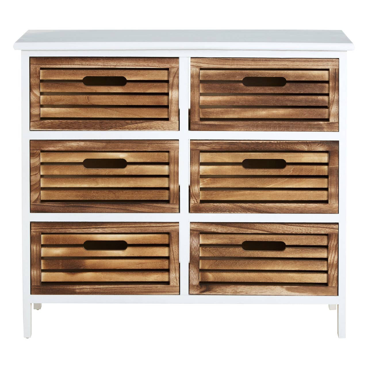 A white furniture unit featuring six wooden drawers with a slatted design, showcasing a natural wood finish. The unit has a clean, modern aesthetic with simple handles and stands on four legs