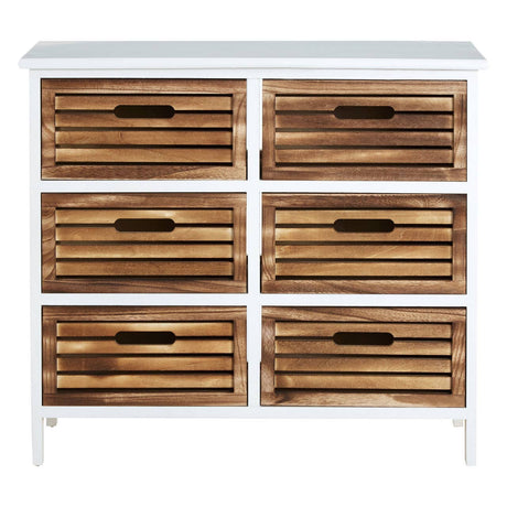 A white furniture unit featuring six wooden drawers with a slatted design, showcasing a natural wood finish. The unit has a clean, modern aesthetic with simple handles and stands on four legs