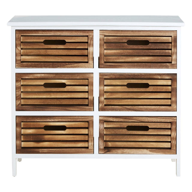 A white furniture unit featuring six wooden drawers with a slatted design, showcasing a natural wood finish. The unit has a clean, modern aesthetic with simple handles and stands on four legs