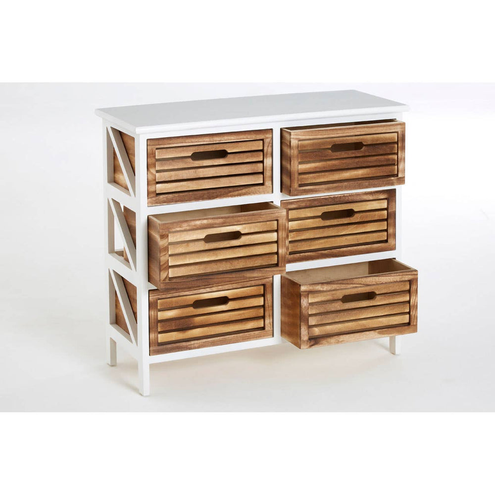 A modern furniture unit featuring six drawers with a combination of a white frame and wooden drawer fronts. The drawers have a natural wood finish with a textured design, and the unit is elevated on slender legs for a contemporary look