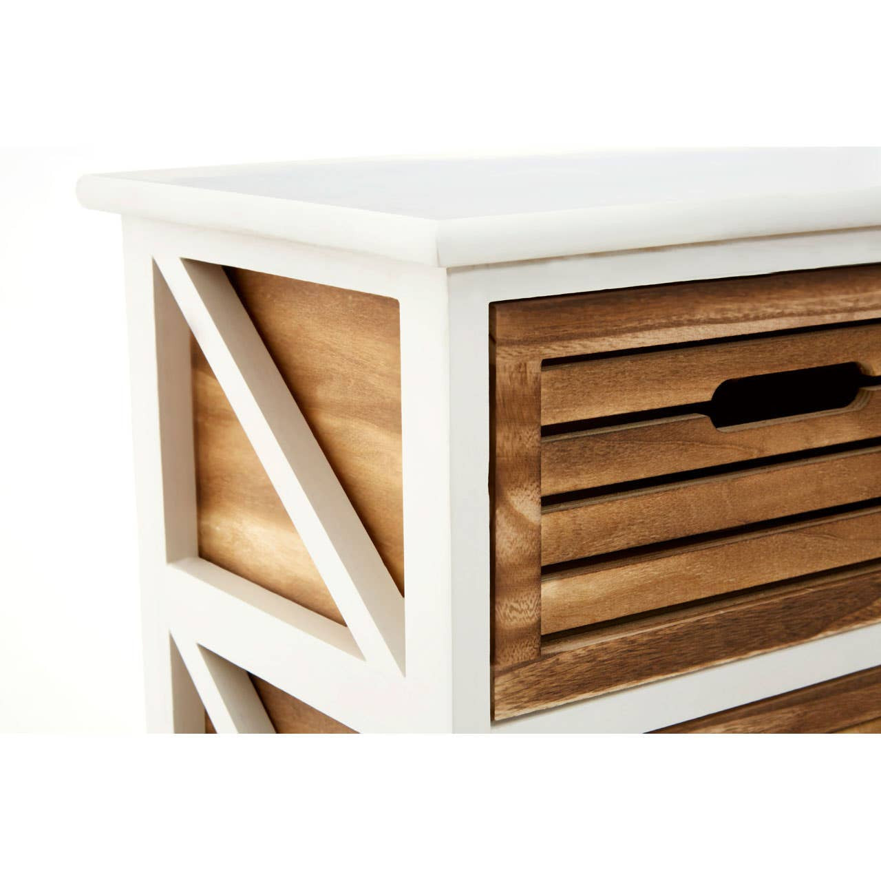 A close-up view of the Portsmouth 6 Drawers Unit, featuring a white frame with a smooth top and wooden drawers that have horizontal slats and cut-out handles. The design includes an X-shaped pattern on the sides, showcasing a blend of modern and rustic elements