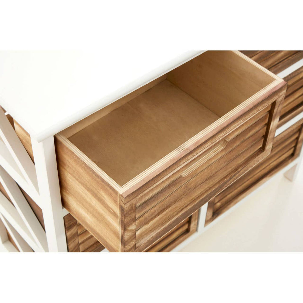 A close-up view of an open drawer from the Portsmouth 6 Drawers Unit, showcasing a smooth wooden interior with a light finish. The surrounding structure features a combination of white and natural wood tones, highlighting the unit's modern design