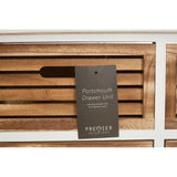 Portsmouth 6 Drawers Unit featuring a white frame with wooden drawer fronts, showcasing six spacious drawers with horizontal slats and a tag attached that displays the product name and brand