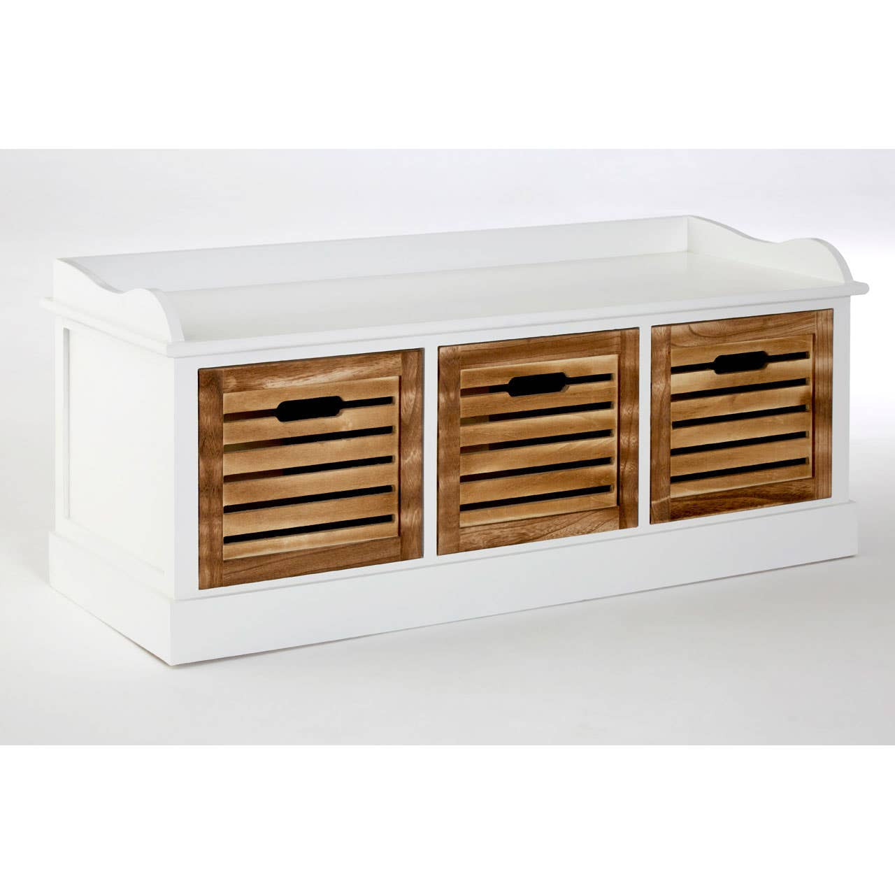A white wooden drawer chest featuring three natural wood drawers with slatted fronts, designed for storage and organization in a home setting