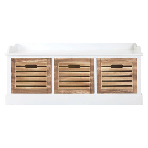 Three drawers with natural wood fronts and horizontal slats, set within a white frame. The drawer handles are simple and round, complementing the overall design. The chest has a clean, modern aesthetic suitable for home decor