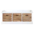 Three drawers with natural wood fronts and horizontal slats, set within a white frame. The drawer handles are simple and round, complementing the overall design. The chest has a clean, modern aesthetic suitable for home decor