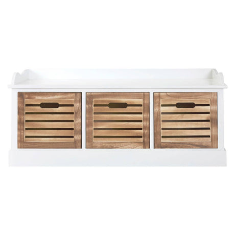 Three drawers with natural wood fronts and horizontal slats, set within a white frame. The drawer handles are simple and round, complementing the overall design. The chest has a clean, modern aesthetic suitable for home decor