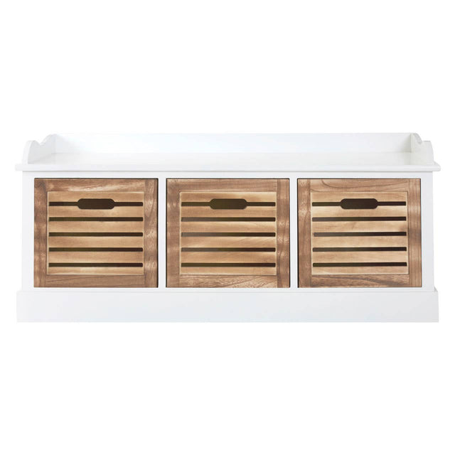 Three drawers with natural wood fronts and horizontal slats, set within a white frame. The drawer handles are simple and round, complementing the overall design. The chest has a clean, modern aesthetic suitable for home decor
