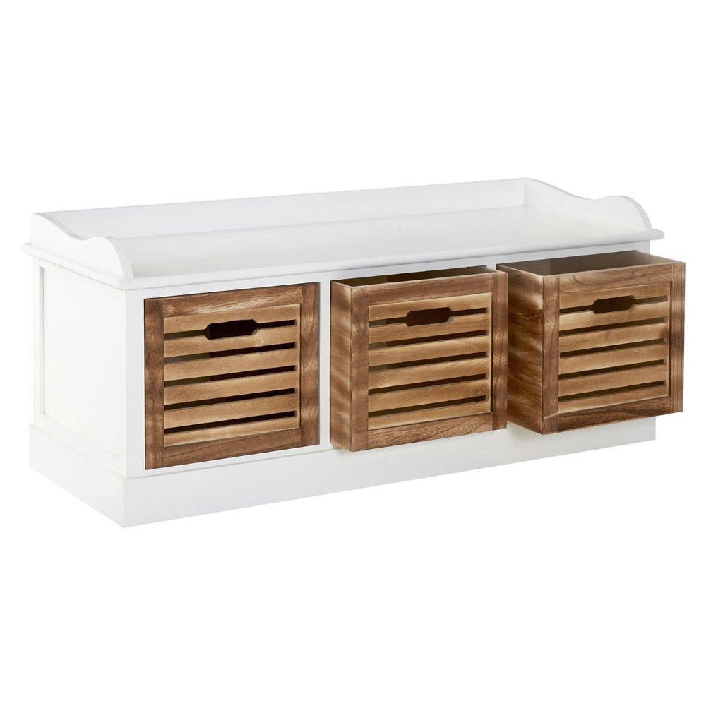 A white drawer chest featuring three natural wood drawers with horizontal slats, providing a stylish storage solution. The chest has a smooth top surface and a simple, modern design suitable for various home decor styles