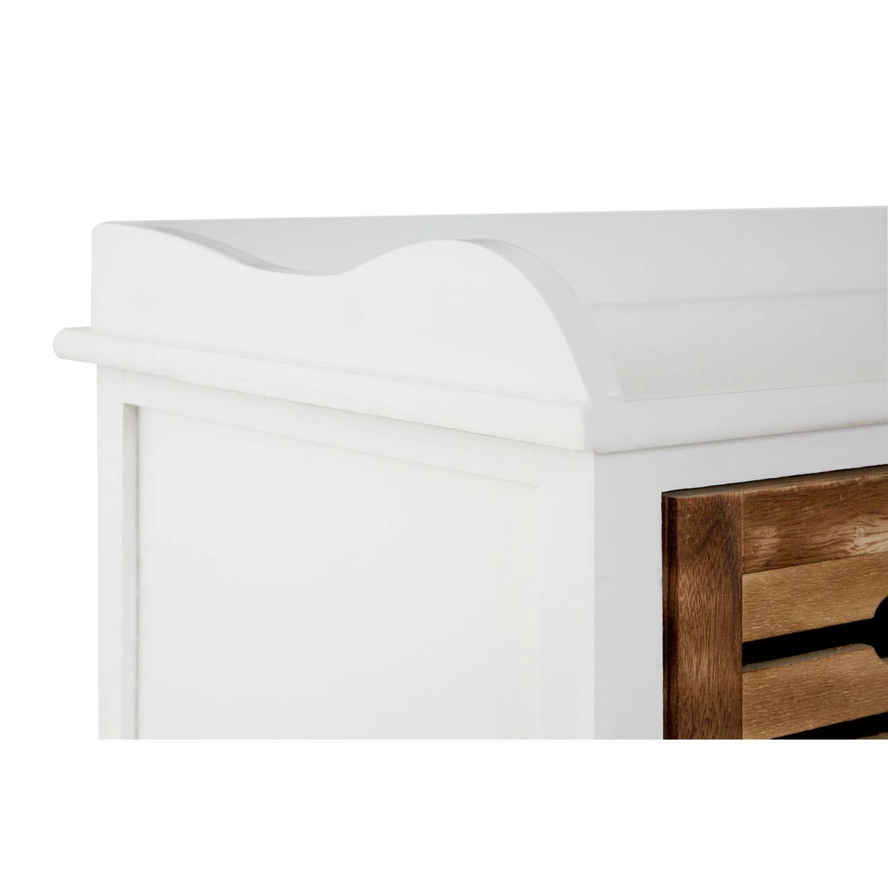 Top view of a Portsmouth Natural Drawer Chest featuring a smooth white surface with a decorative curved edge, showcasing the natural wood grain of the drawers below