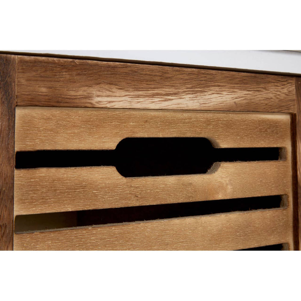 Natural wood drawer front with a sleek, rectangular cut-out handle, showcasing a warm, rich finish. The texture of the wood grain is visible, highlighting its natural beauty