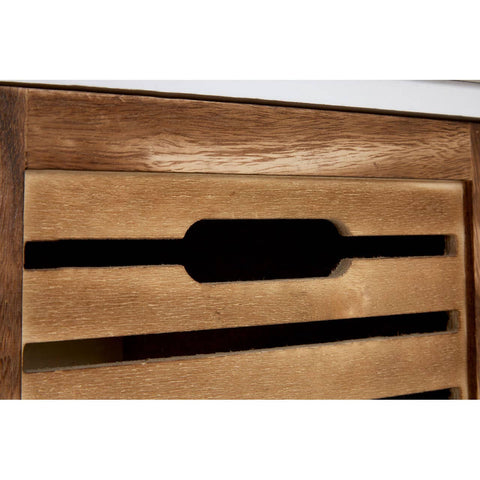 Natural wood drawer front with a sleek, rectangular cut-out handle, showcasing a warm, rich finish. The texture of the wood grain is visible, highlighting its natural beauty