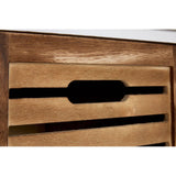 Natural wood drawer front with a sleek, rectangular cut-out handle, showcasing a warm, rich finish. The texture of the wood grain is visible, highlighting its natural beauty