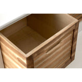 Natural wood drawer chest with a spacious, empty interior and a slatted design on the sides, showcasing its warm, light brown finish
