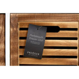 Natural wood drawer chest featuring slatted design on the front, with a black tag attached that displays the product name and details. The wood has a warm, rich finish, highlighting its natural grain