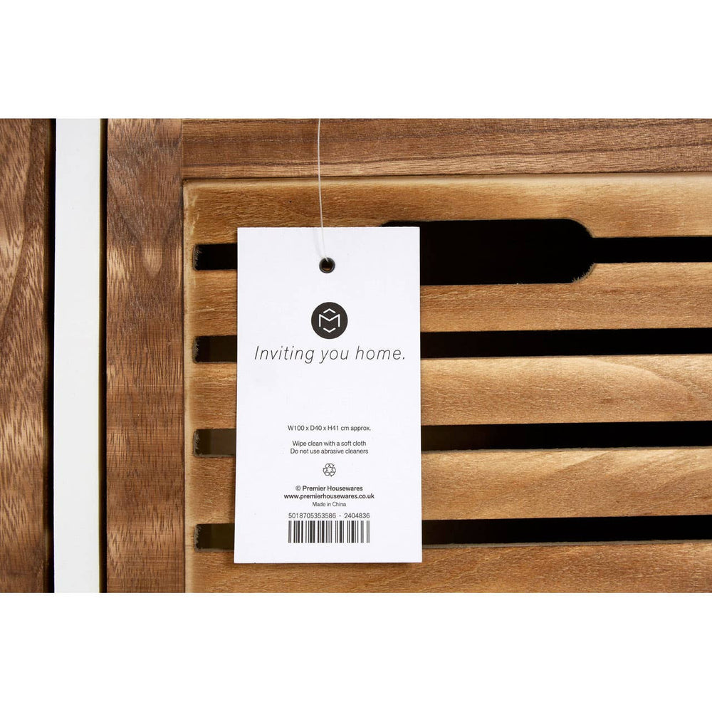 Natural wood drawer chest featuring a sleek design with horizontal slats on the front. A product tag is attached, displaying branding and information. The wood finish showcases a warm, rich tone