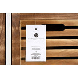 Natural wood drawer chest featuring a sleek design with horizontal slats on the front. A product tag is attached, displaying branding and information. The wood finish showcases a warm, rich tone