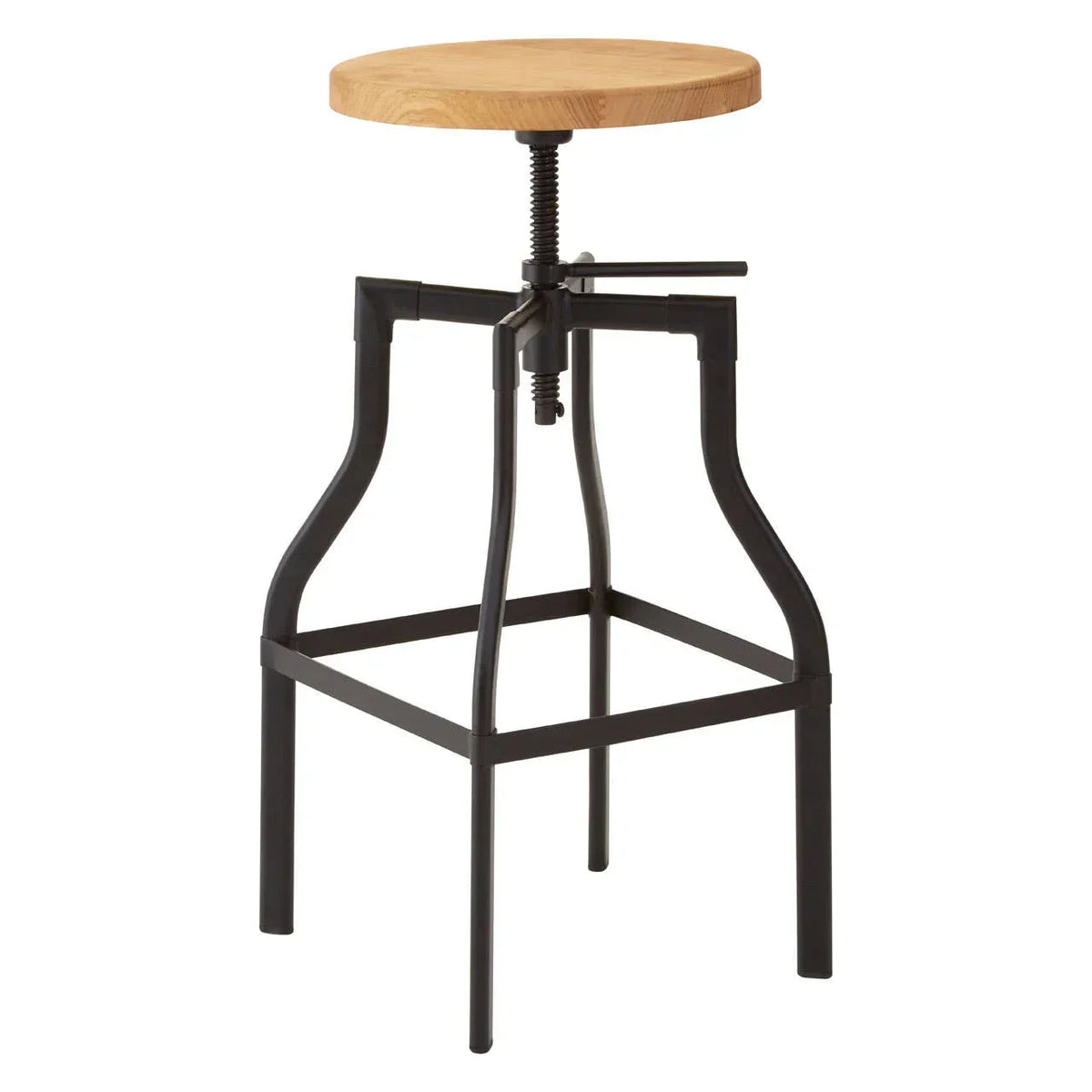 Industrial bar stool with round wooden seat and black metal adjustable frame