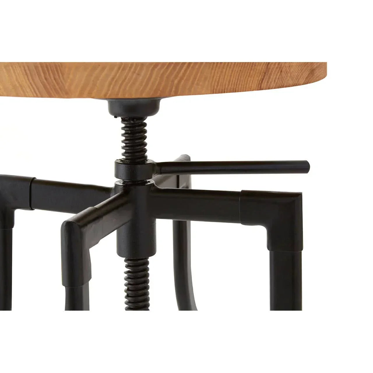 Adjustable wooden bar stool with black metal screw base and lever