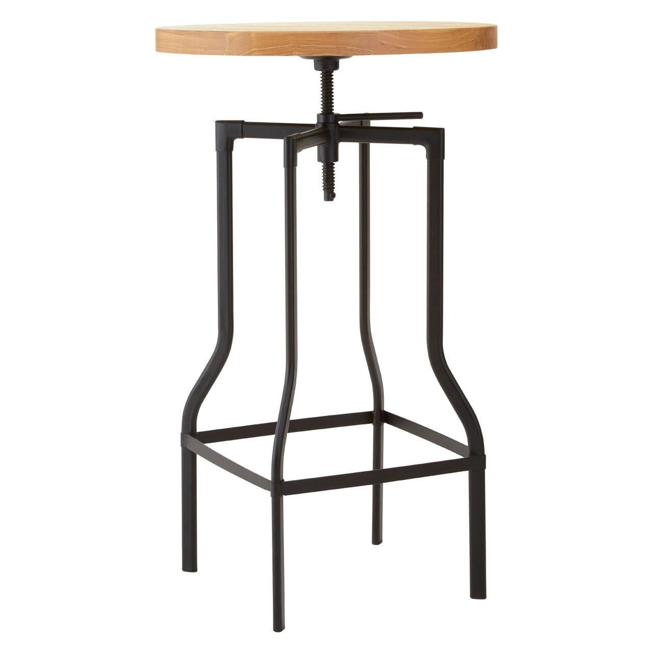 A bar table featuring a round ash veneer top with a natural wood finish, supported by a sturdy black metal frame with a unique, industrial design. The base has a distinctive shape with curved lines and a footrest for added comfort
