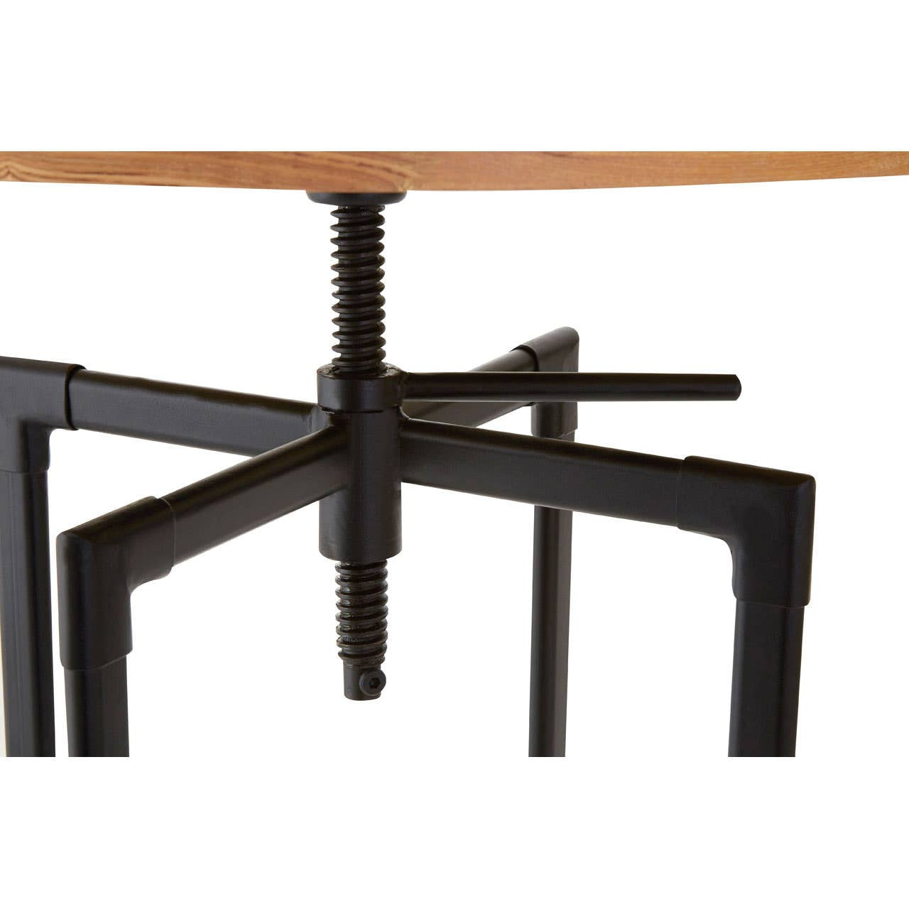 Bar table featuring a round ash veneer top with a smooth finish, supported by a sturdy black metal base with a geometric design and four legs. The table's height is suitable for bar seating, showcasing a modern and minimalist aesthetic