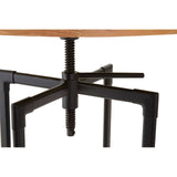 Bar table featuring a round ash veneer top with a smooth finish, supported by a sturdy black metal base with a geometric design and four legs. The table's height is suitable for bar seating, showcasing a modern and minimalist aesthetic