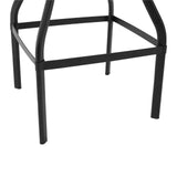 A close-up view of the black metal frame of the New Foundry Ash Veneer Bar Table, showcasing its sturdy legs and minimalist design. The frame features curved edges and a geometric structure, emphasizing modern aesthetics