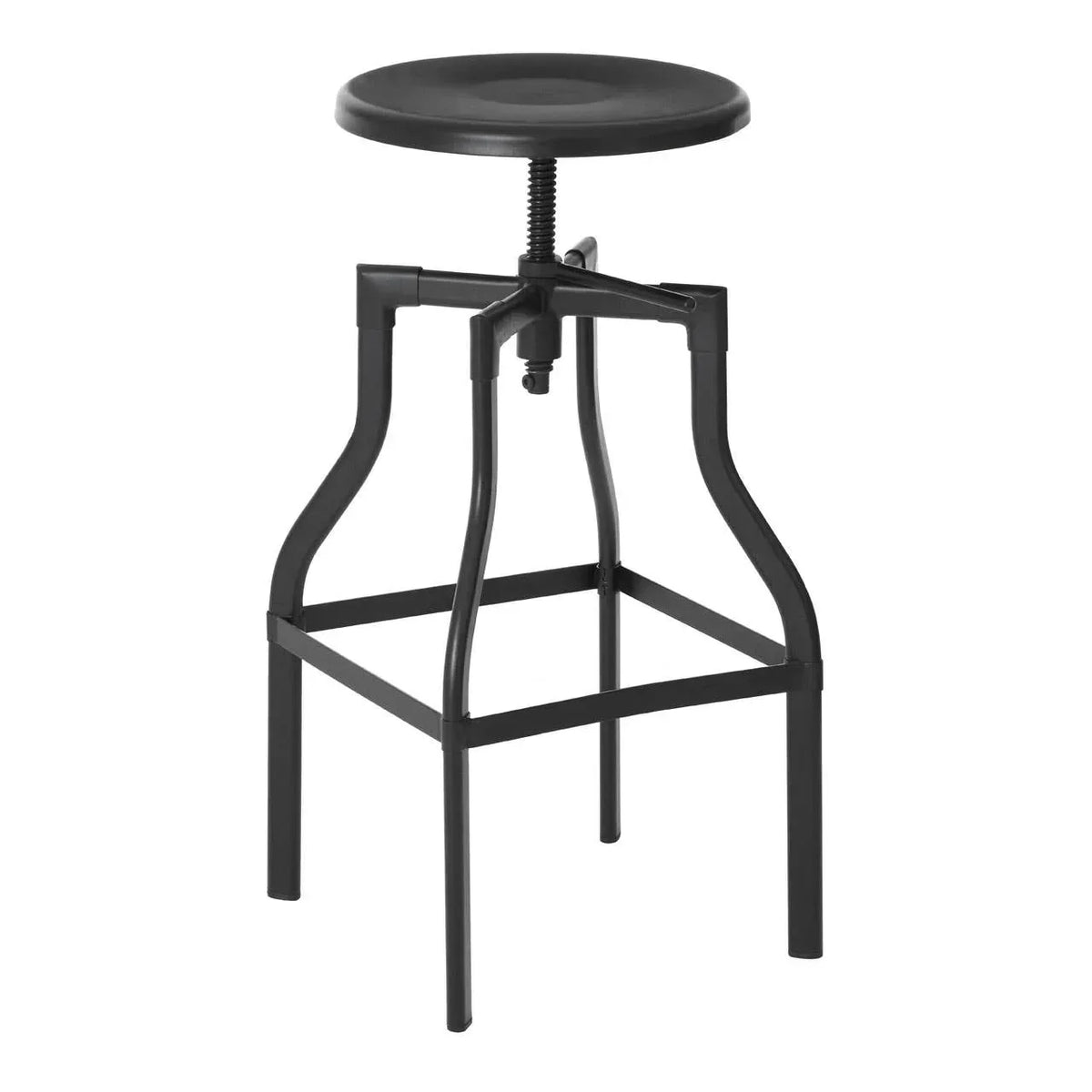 Black metal adjustable height bar stool with four legs and round seat