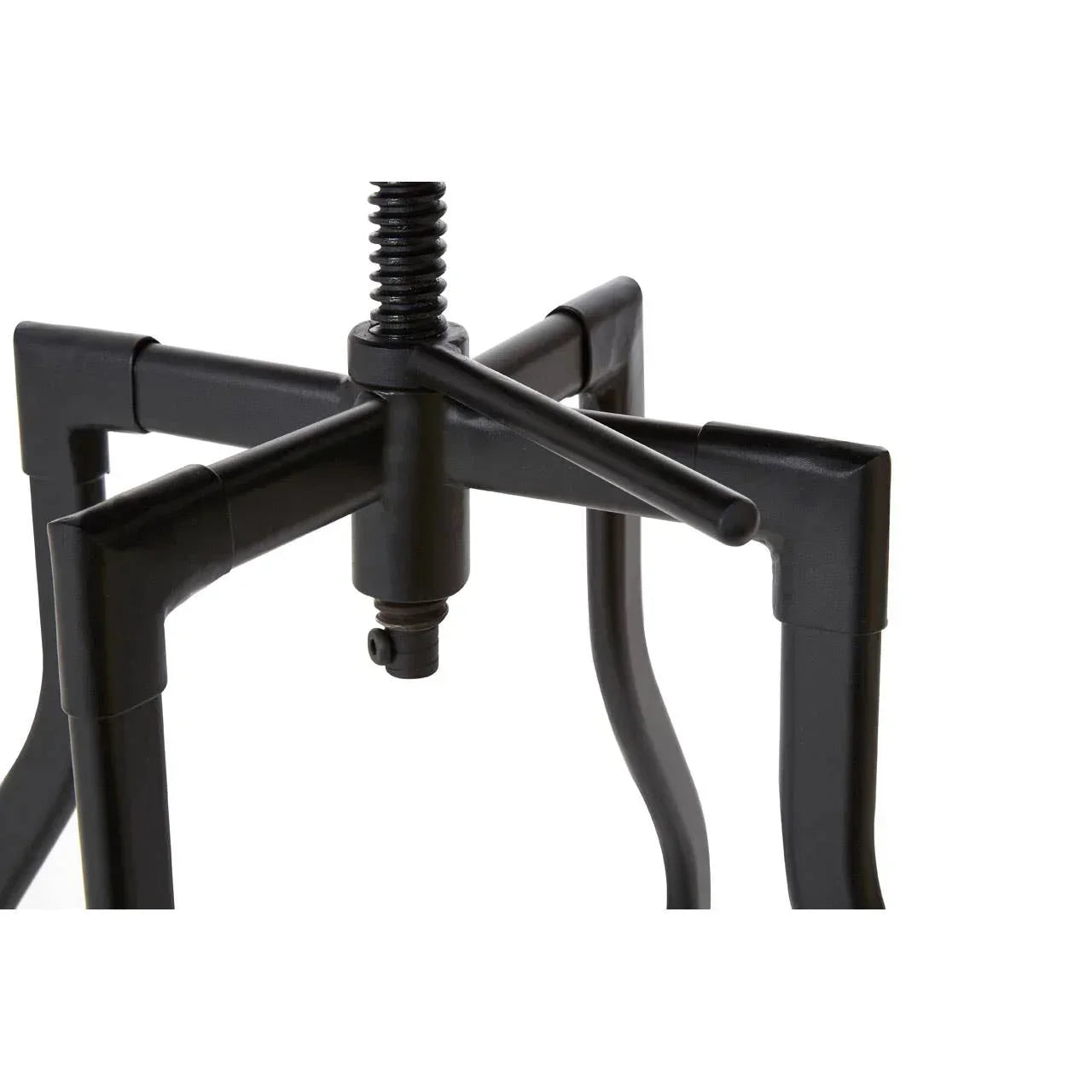 Black metal adjustable table base with central tightening handle and threaded rod