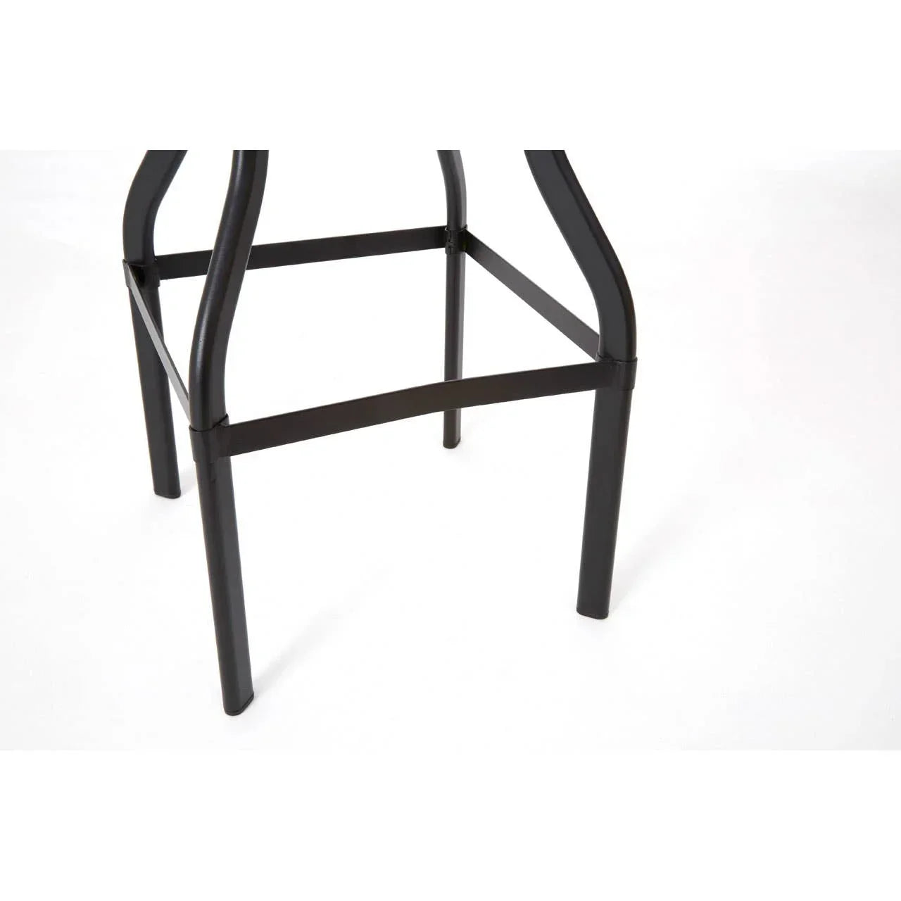 Black metal bar stool base with footrest on white background
