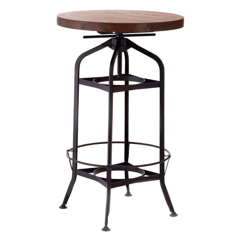 Round walnut tabletop supported by a black metal frame with a circular footrest and two lower shelves, featuring a vintage industrial design. The table has a sturdy base with four legs that taper downwards