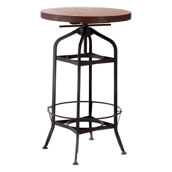 Round walnut tabletop supported by a black metal frame with a circular footrest and two lower shelves, featuring a vintage industrial design. The table has a sturdy base with four legs that taper downwards