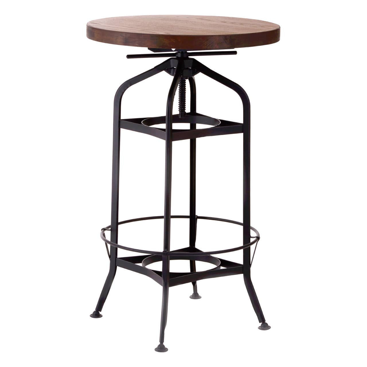 Round walnut tabletop supported by a black metal frame with a circular footrest and two lower shelves, featuring a vintage industrial design. The table has a sturdy base with four legs that taper downwards