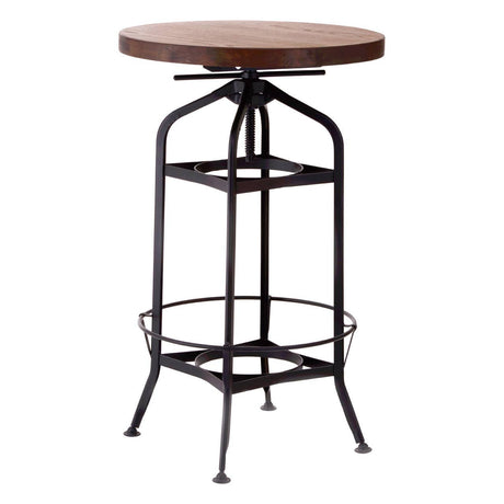 Round walnut tabletop supported by a black metal frame with a circular footrest and two lower shelves, featuring a vintage industrial design. The table has a sturdy base with four legs that taper downwards