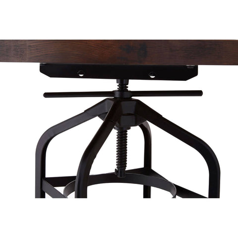 Walnut bar table with a sleek black metal base, featuring a sturdy tripod design and a smooth, dark wood surface. The table's industrial style is highlighted by the contrast between the warm walnut finish and the cool metal accents