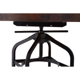 Walnut bar table with a sleek black metal base, featuring a sturdy tripod design and a smooth, dark wood surface. The table's industrial style is highlighted by the contrast between the warm walnut finish and the cool metal accents