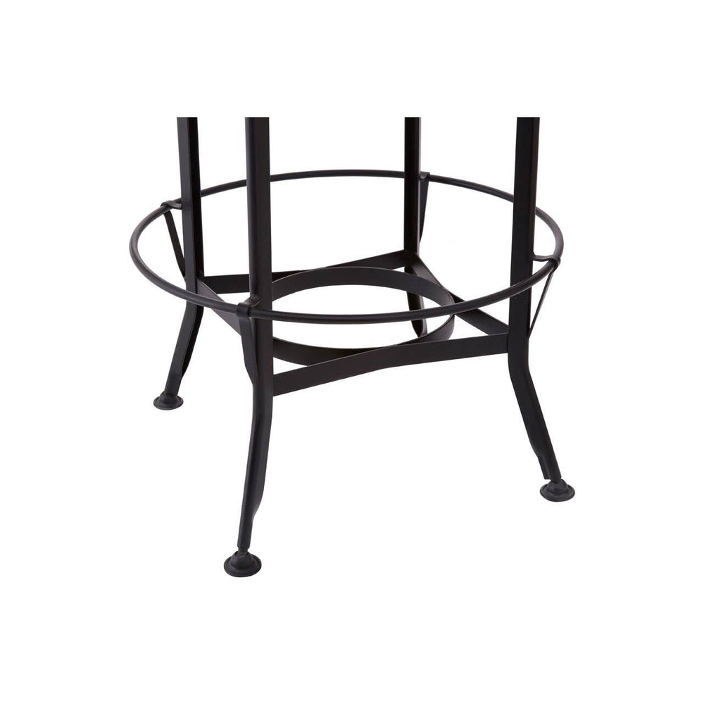 A round black metal base with four legs and a circular support structure, designed to hold a tabletop, showcasing a modern industrial style suitable for a bar or dining area