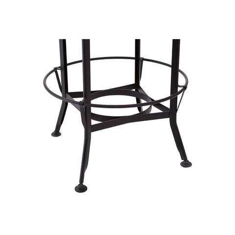 A round black metal base with four legs and a circular support structure, designed to hold a tabletop, showcasing a modern industrial style suitable for a bar or dining area