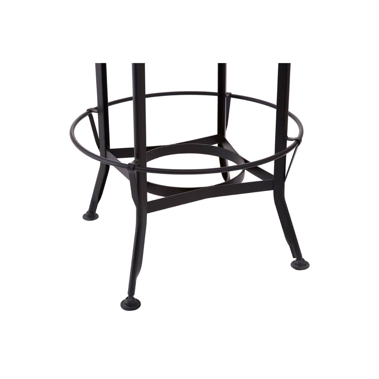 A round black metal base with four legs and a circular support structure, designed to hold a tabletop, showcasing a modern industrial style suitable for a bar or dining area