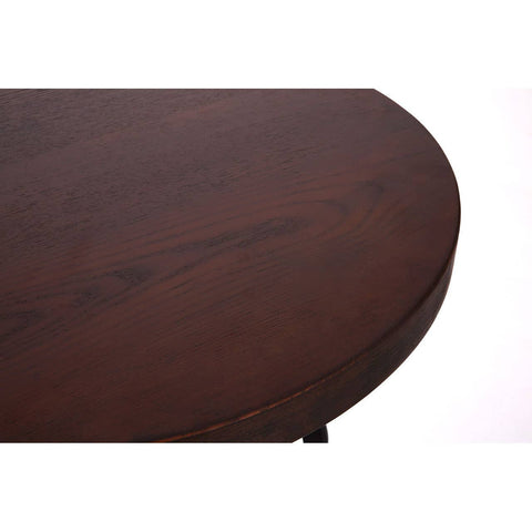 Walnut bar table with a smooth, rounded top featuring a rich, dark wood grain, supported by a sturdy black metal base