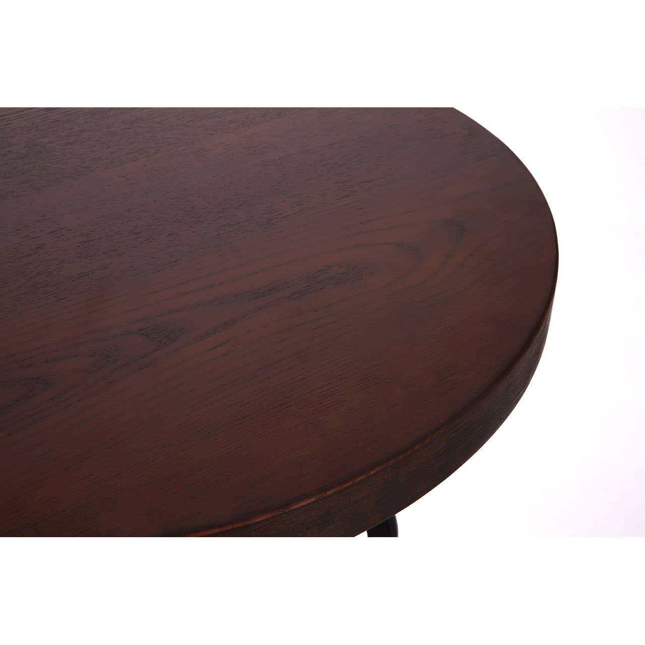 Walnut bar table with a smooth, rounded top featuring a rich, dark wood grain, supported by a sturdy black metal base