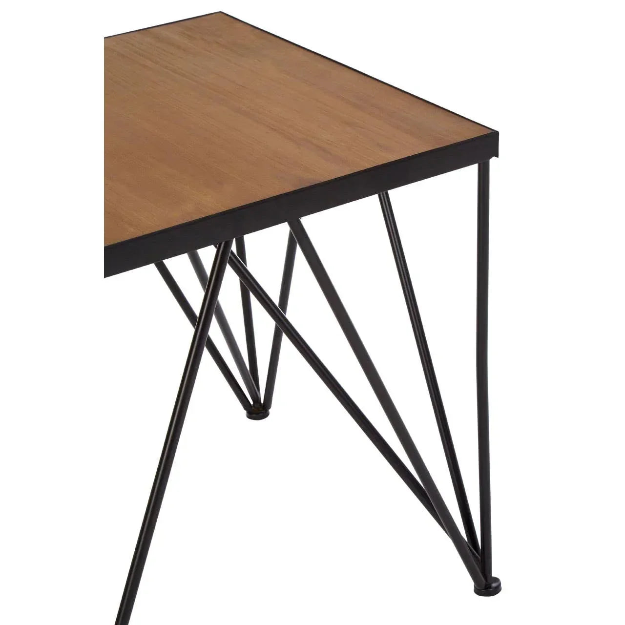 Modern wood top dining table with black metal geometric legs, close-up corner view