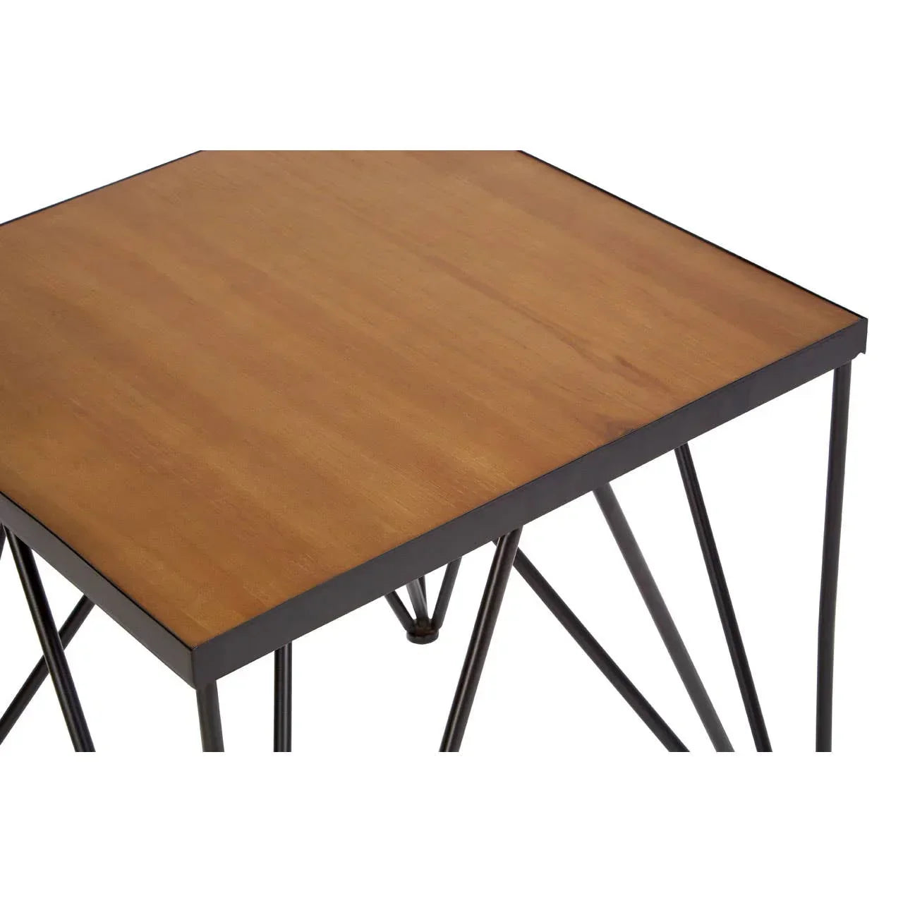 Square wooden dining table with black metal legs, close-up of tabletop and frame