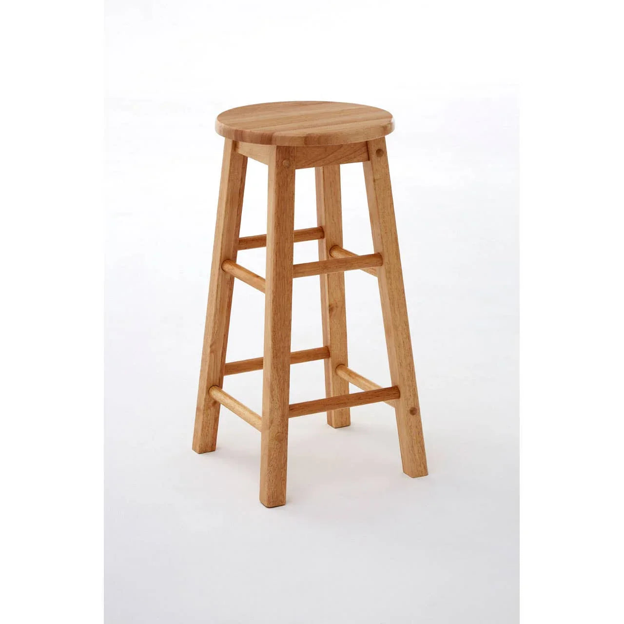 Wooden bar stool with round seat and footrests on white background
