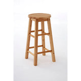 Wooden bar stool with round seat and footrests on white background